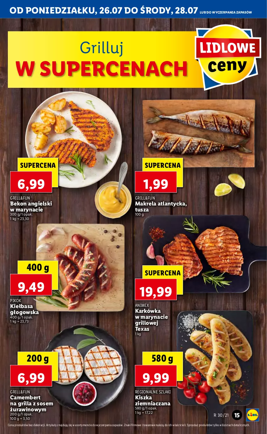 Gazetka promocyjna Lidl - GAZETKA - ważna 26.07 do 28.07.2021 - strona 15 - produkty: Beko, Camembert, Grill, Kiełbasa, Kiełbasa głogowska, PIKOK, Sos, Tusz, Wino