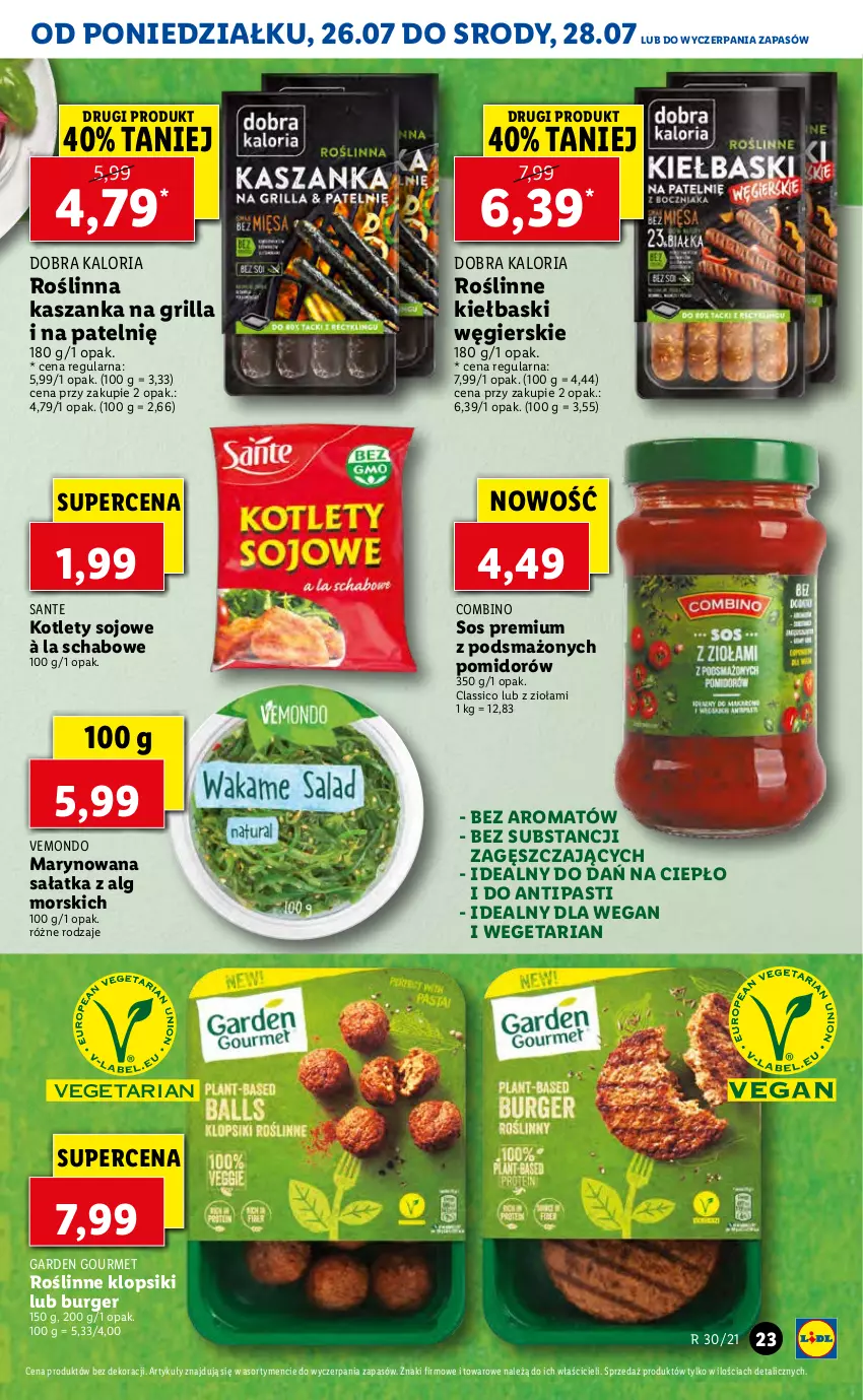 Gazetka promocyjna Lidl - GAZETKA - ważna 26.07 do 28.07.2021 - strona 23 - produkty: Burger, Grill, Kasza, Kaszanka, Klopsiki, Kotlet, LG, Roślinne kiełbaski, Sałat, Sałatka, Sante, Sos