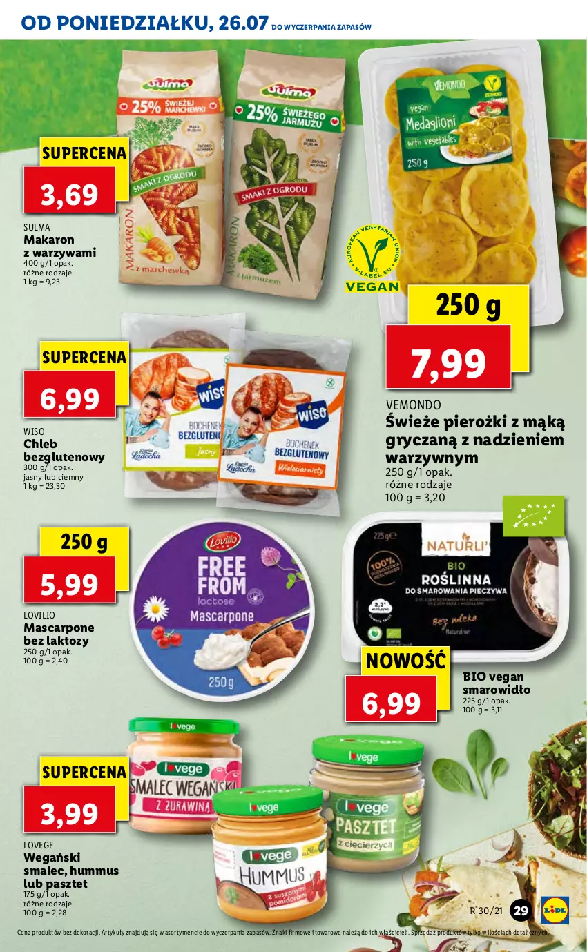 Gazetka promocyjna Lidl - GAZETKA - ważna 26.07 do 28.07.2021 - strona 29 - produkty: Chleb, Chleb bezglutenowy, Gry, Hummus, Lovi, Makaron, Mascarpone, Mus, Pasztet, Smalec, Warzywa