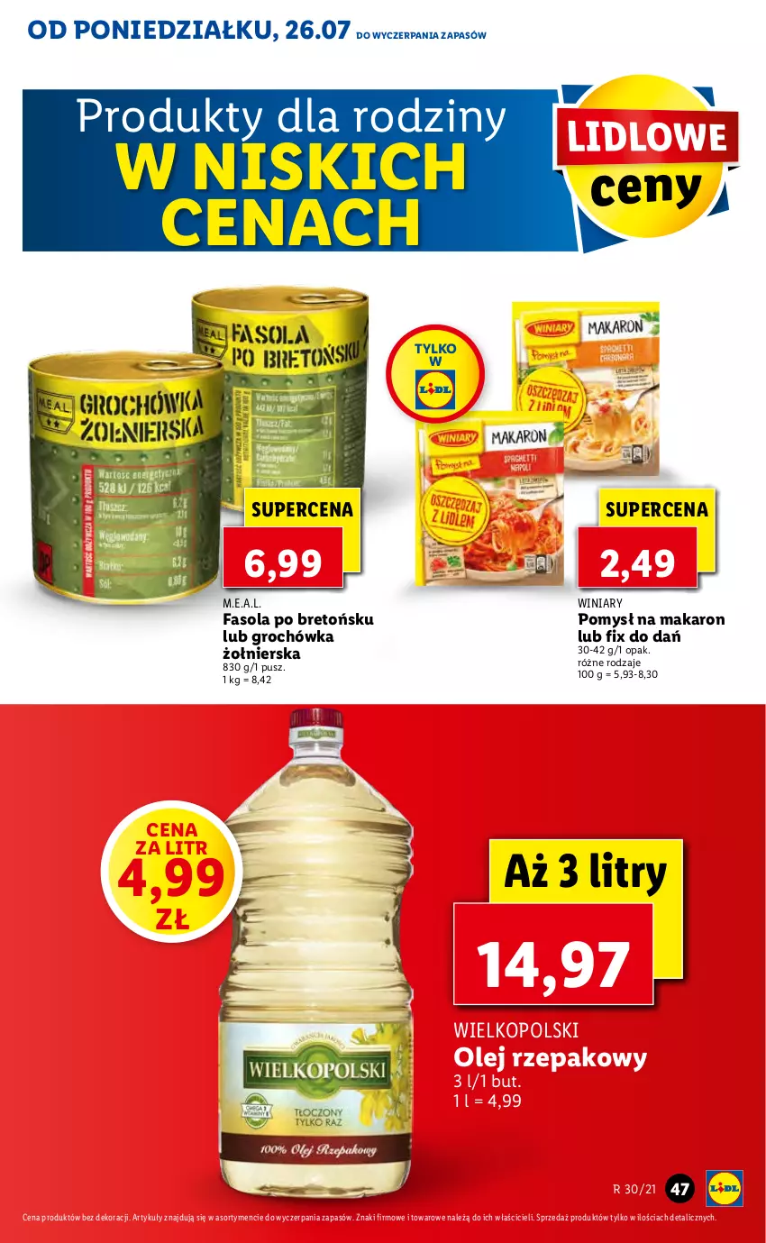 Gazetka promocyjna Lidl - GAZETKA - ważna 26.07 do 28.07.2021 - strona 47 - produkty: Fa, Fasola, Groch, Makaron, Olej, Olej rzepakowy, Winiary