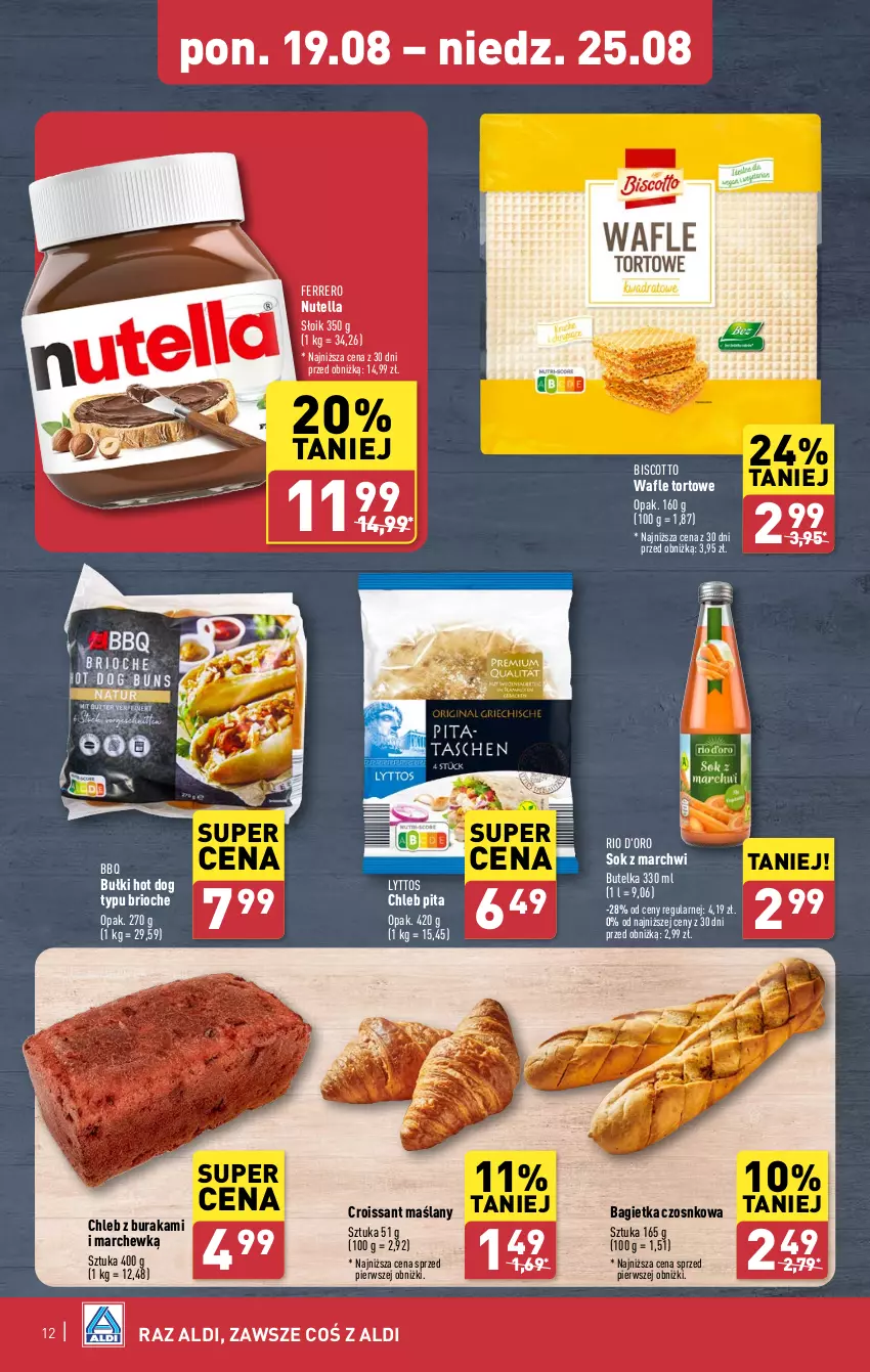 Gazetka promocyjna Aldi - Pełna oferta - ważna 19.08 do 25.08.2024 - strona 12 - produkty: Bagietka, Bagietka czosnkowa, Chleb, Croissant, Ferrero, Hot dog, Nutella, Sok, Wafle, Wafle tortowe