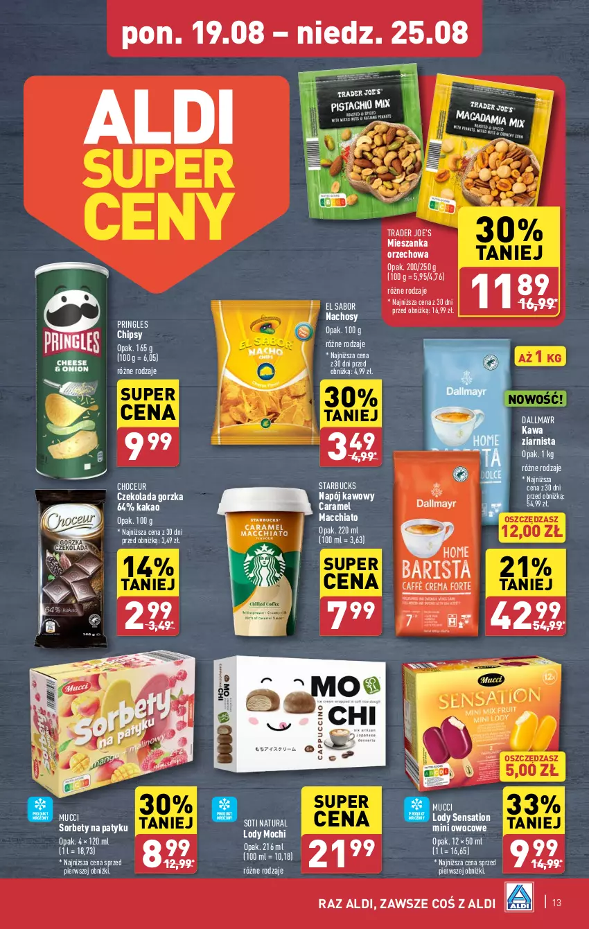 Gazetka promocyjna Aldi - Pełna oferta - ważna 19.08 do 25.08.2024 - strona 13 - produkty: Chia, Chipsy, Czekolada, Czekolada gorzka, Dallmayr, Kakao, Kawa, Kawa ziarnista, Lody, Mieszanka orzechowa, Napój, Pringles, Sati