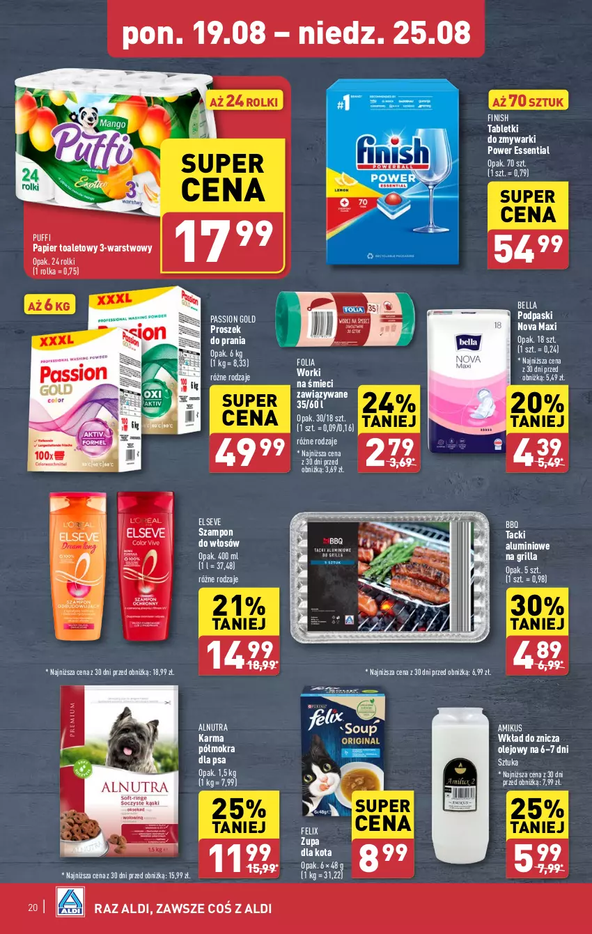 Gazetka promocyjna Aldi - Pełna oferta - ważna 19.08 do 25.08.2024 - strona 20 - produkty: Bell, Bella, Elseve, Felix, Finish, Grill, Olej, Papier, Papier toaletowy, Podpaski, Proszek do prania, Puf, Rolki, Szampon, Tablet, Tabletki do zmywarki, Worki na śmiec, Worki na śmieci, Zmywarki, Znicz, Zupa