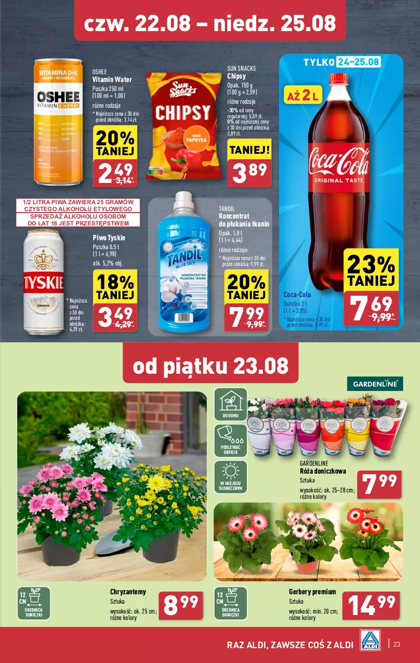 Gazetka promocyjna Aldi - Pełna oferta - ważna 19.08 do 25.08.2024 - strona 23 - produkty: Chipsy, Coca-Cola, Gerber, Gra, Oshee, Piwa, Piwo, Róża, Sok, Tyskie