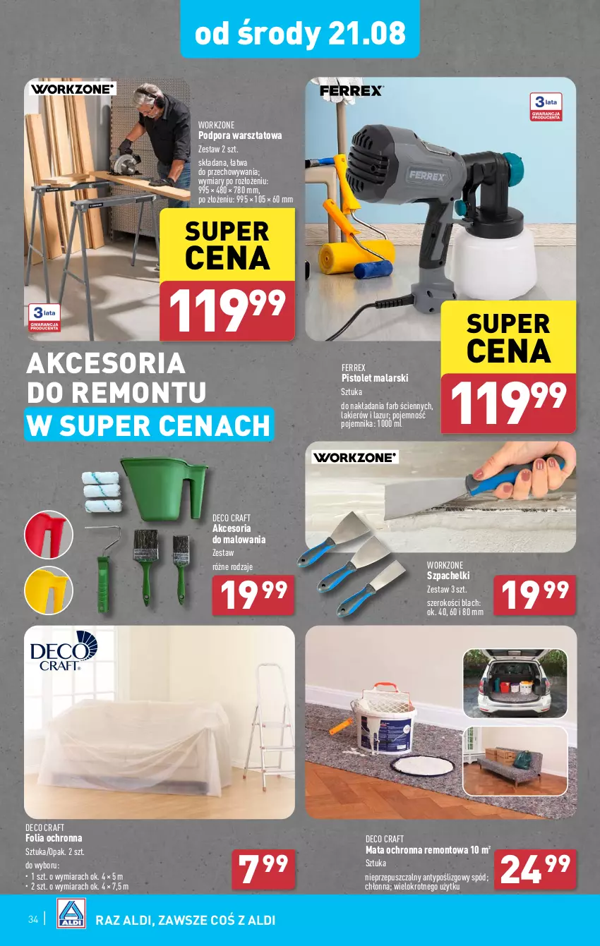 Gazetka promocyjna Aldi - Pełna oferta - ważna 19.08 do 25.08.2024 - strona 34 - produkty: Fa, Lakier, Lazur, Mata ochronna, Pistolet, Pojemnik, Por