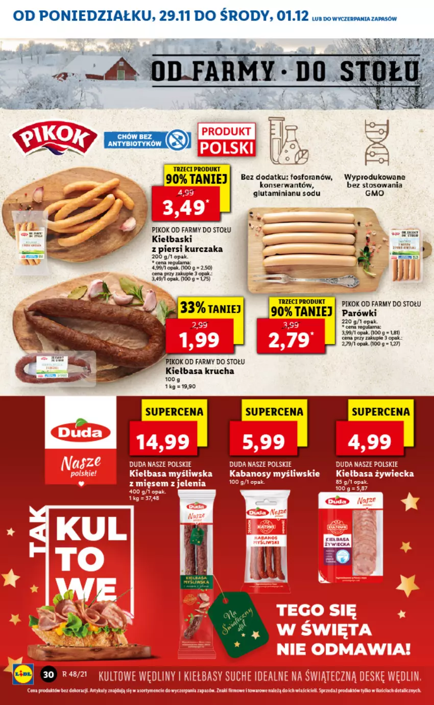 Gazetka promocyjna Lidl - GAZETKA - ważna 29.11 do 01.12.2021 - strona 30 - produkty: Duda, EPEE, Fa, Kabanos, Kiełbasa, Kiełbasa krucha, Kurczak, Parówki, PIKOK, Ser