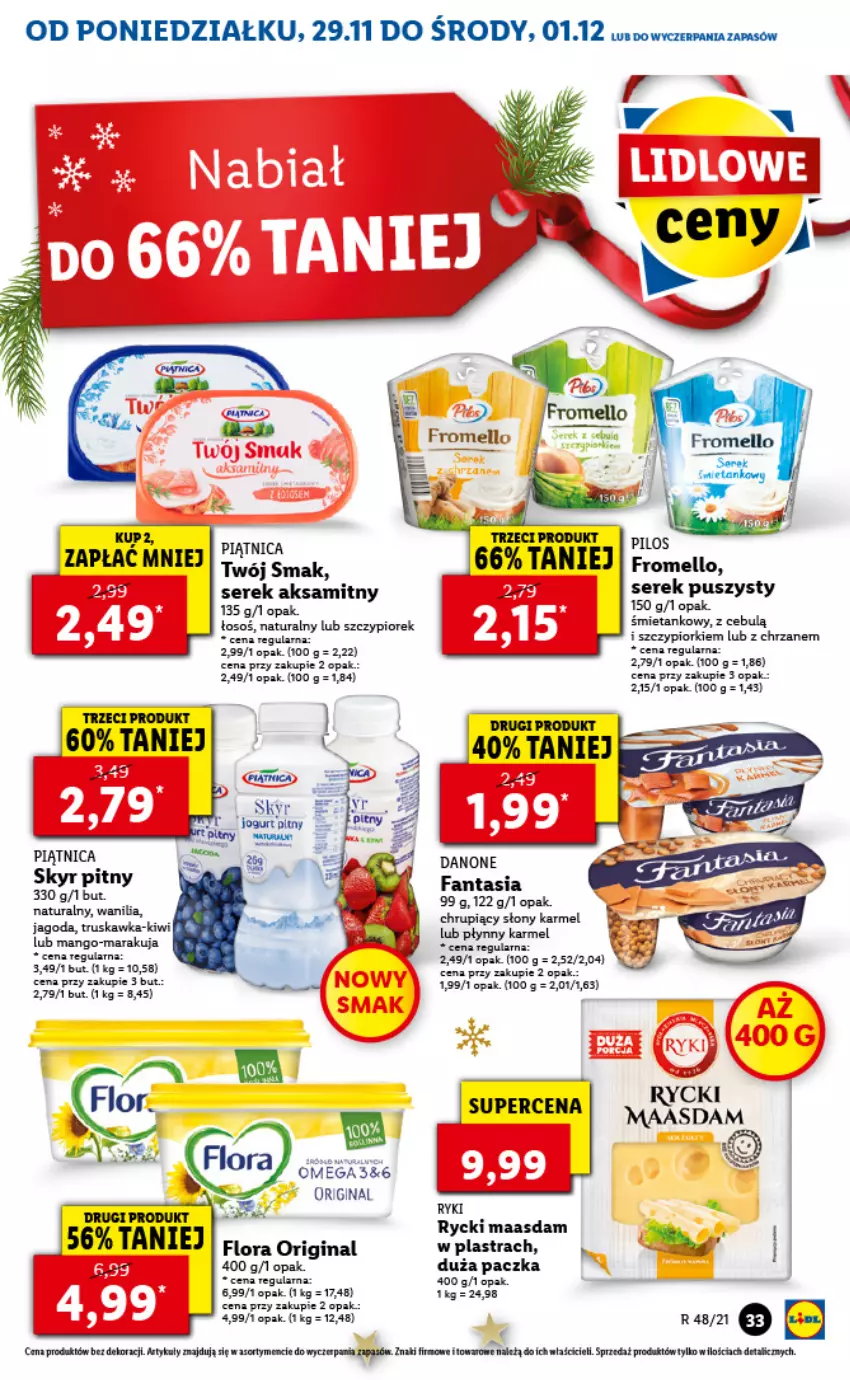 Gazetka promocyjna Lidl - GAZETKA - ważna 29.11 do 01.12.2021 - strona 33 - produkty: Aksam, Chrzan, Danone, Danone Fantasia, Fa, Fanta, Flora, Gin, Kiwi, Maasdam, Mango, Piątnica, Ser, Serek, Serek puszysty, Twój Smak