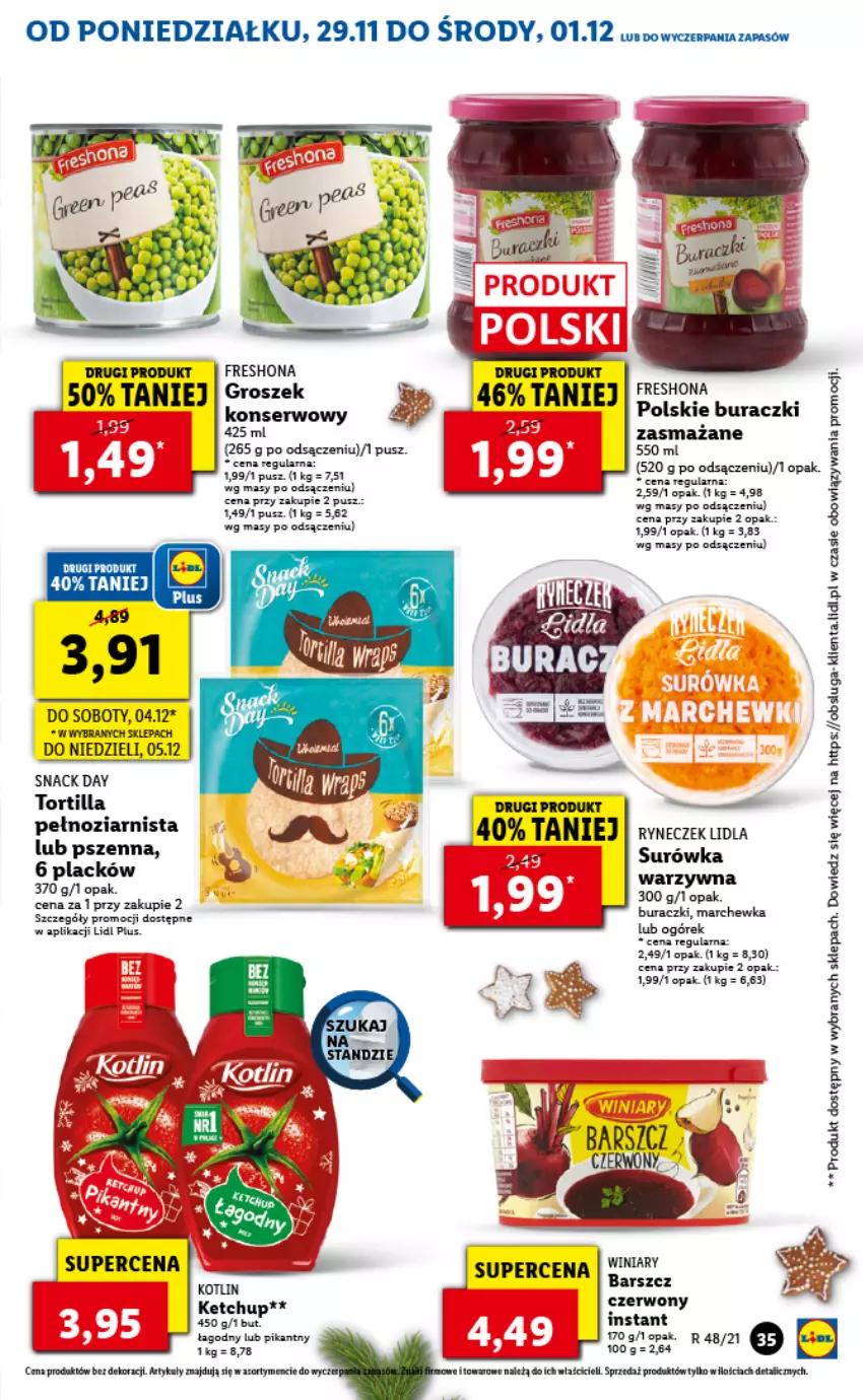 Gazetka promocyjna Lidl - GAZETKA - ważna 29.11 do 01.12.2021 - strona 35 - produkty: Buraczki, Fa, Groszek, Ketchup, Lack, Marchewka, Surówka, Tortilla