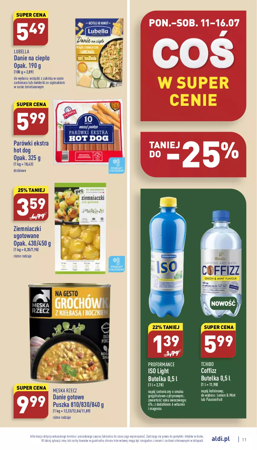 Gazetka promocyjna Aldi - Katalog spożywczy - ważna 11.07 do 16.07.2022 - strona 11 - produkty: Bell, Bella, Danie gotowe, Grejpfrut, Hot dog, Lubella, Magnez, Napój, Napój izotoniczny, Parówki, Sok, Sos, Szpinak, Tchibo