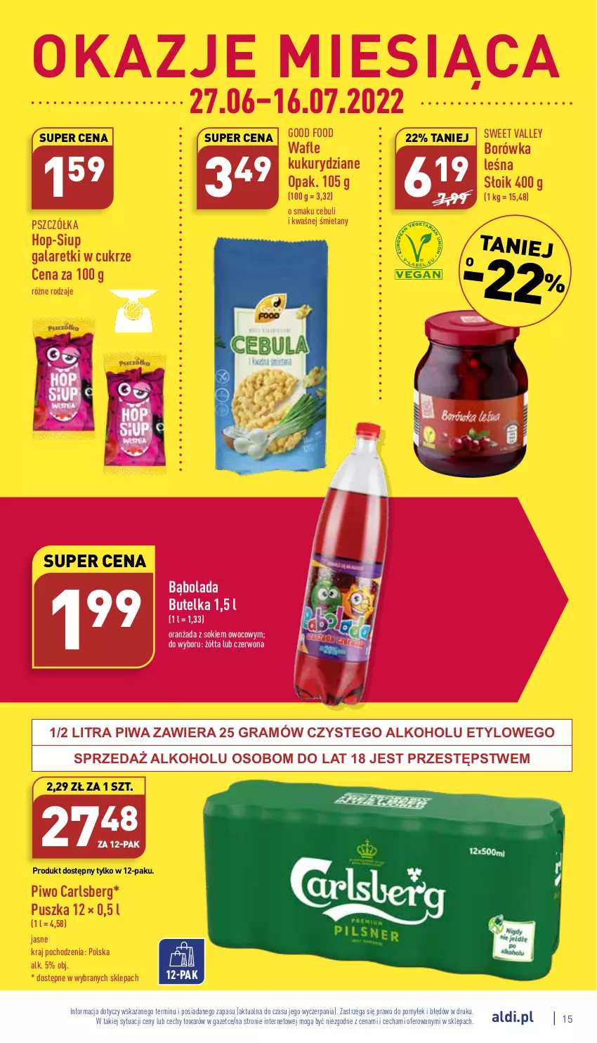 Gazetka promocyjna Aldi - Katalog spożywczy - ważna 11.07 do 16.07.2022 - strona 15 - produkty: Borówka, Carlsberg, Gala, Galaretki, Gra, Oranżada, Piwa, Piwo, Sok, Wafle