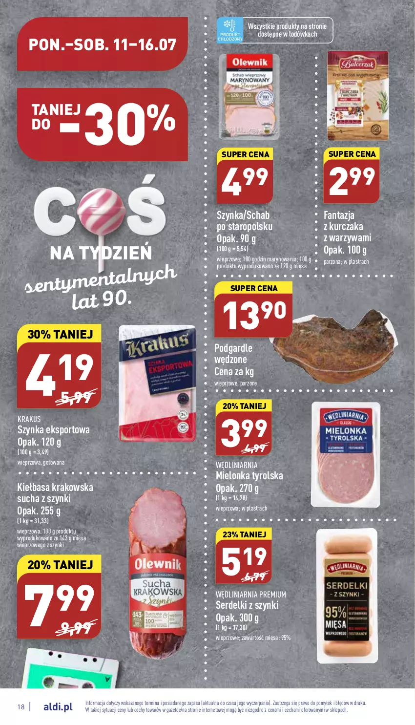 Gazetka promocyjna Aldi - Katalog spożywczy - ważna 11.07 do 16.07.2022 - strona 18 - produkty: Fa, Fanta, Kiełbasa, Kiełbasa krakowska, Krakus, Kurczak, Lodówka, Mielonka tyrolska, Por, Ser, Serdelki, Sport, Szynka, Warzywa