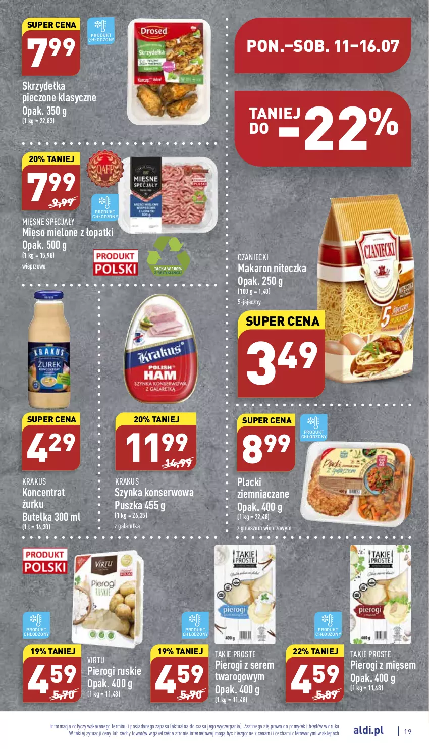 Gazetka promocyjna Aldi - Katalog spożywczy - ważna 11.07 do 16.07.2022 - strona 19 - produkty: Gala, Krakus, Lack, Makaron, Mięsne specjały, Mięso, Mięso mielone, Piec, Pierogi, Ser, Skrzydełka pieczone, Szynka, Szynka konserwowa, Virtu