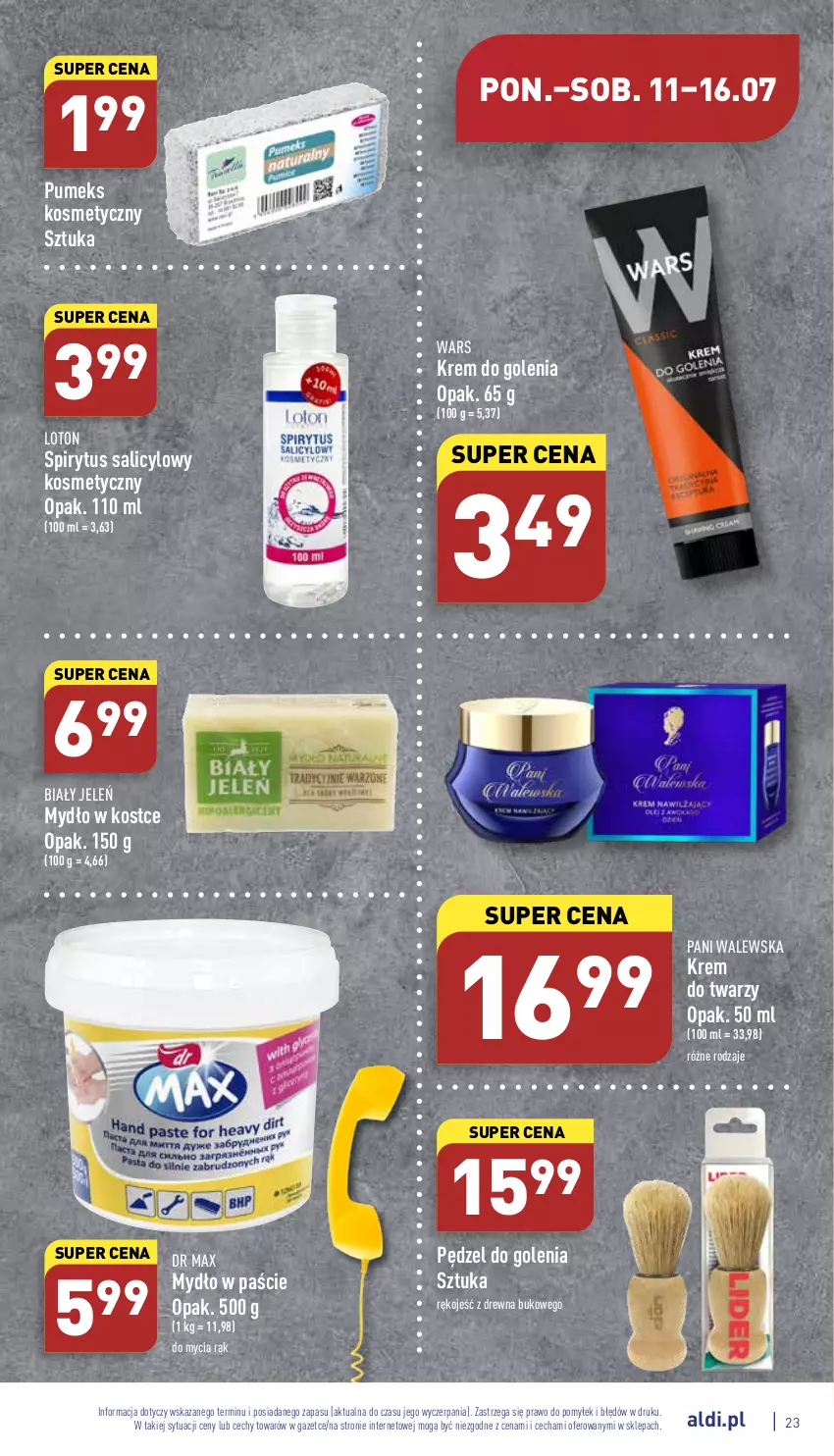 Gazetka promocyjna Aldi - Katalog spożywczy - ważna 11.07 do 16.07.2022 - strona 23 - produkty: Biały Jeleń, Krem do golenia, Krem do twarzy, Mydło, Pędzel do golenia, Pumeks, Spirytus salicylowy