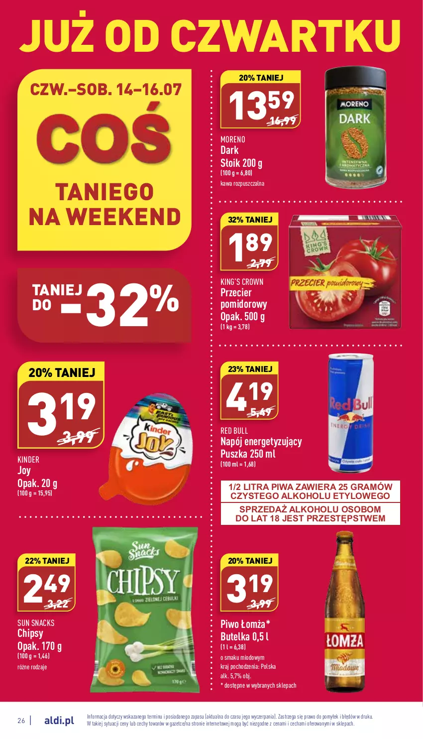 Gazetka promocyjna Aldi - Katalog spożywczy - ważna 11.07 do 16.07.2022 - strona 26 - produkty: Chipsy, Gra, Kawa, Kawa rozpuszczalna, Kinder, King’s Crown, Napój, Piwa, Piwo, Red Bull