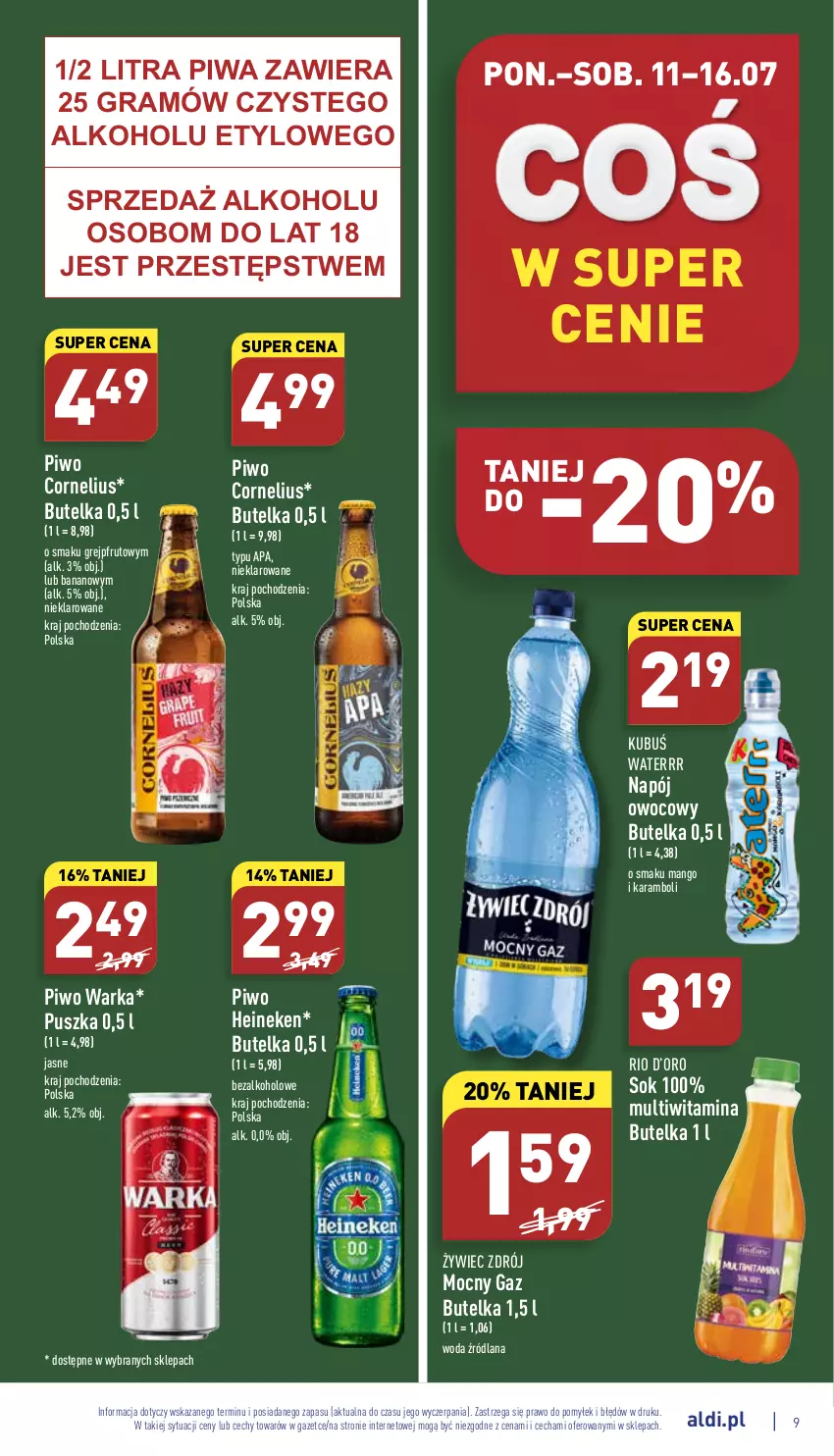 Gazetka promocyjna Aldi - Katalog spożywczy - ważna 11.07 do 16.07.2022 - strona 9 - produkty: Gra, Grejpfrut, Heineken, Kubuś, Kubuś Waterrr, LANA, Mango, Napój, Piwa, Piwo, Sok, Warka, Woda