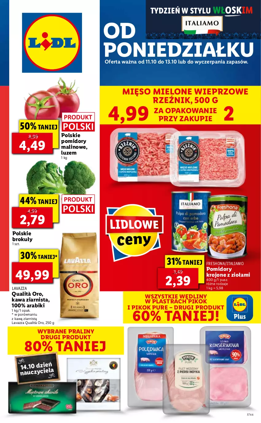 Gazetka promocyjna Lidl - GAZETKA - ważna 11.10 do 13.10.2021 - strona 1 - produkty: Brokuły, Kawa, Kawa ziarnista, Lavazza, Mięso, Mięso mielone, PIKOK, Pomidory, Pomidory krojone, Por, Praliny, Pur