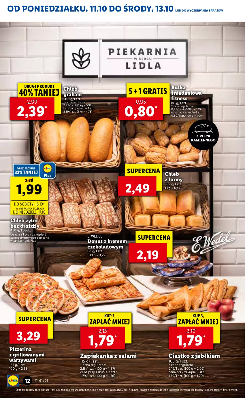 Gazetka promocyjna Lidl - GAZETKA - ważna 11.10 do 13.10.2021 - strona 12 - produkty: Bułka, Chleb, Danio, Donut, E. Wedel, Gra, Grill, Piec, Pizzerina, Salami, Warzywa, Zapiekanka