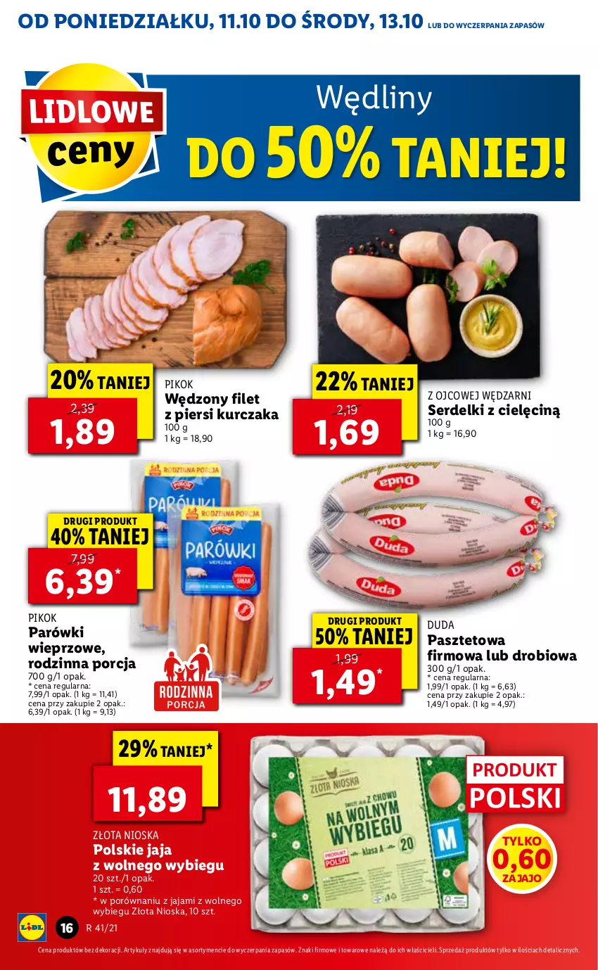 Gazetka promocyjna Lidl - GAZETKA - ważna 11.10 do 13.10.2021 - strona 16 - produkty: Duda, Filet z piersi kurczaka, Jaja, Jaja z wolnego wybiegu, Kurczak, Parówki, Pasztet, PIKOK, Por, Ser, Serdelki