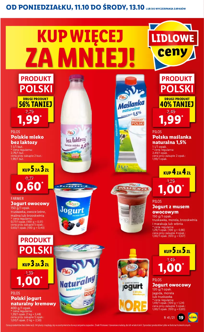 Gazetka promocyjna Lidl - GAZETKA - ważna 11.10 do 13.10.2021 - strona 19 - produkty: Fa, Jogurt, Jogurt naturalny, Jogurt owocowy, Maślanka, Mleko, Mleko bez laktozy, Morela, Mus, Owoce, Pilos