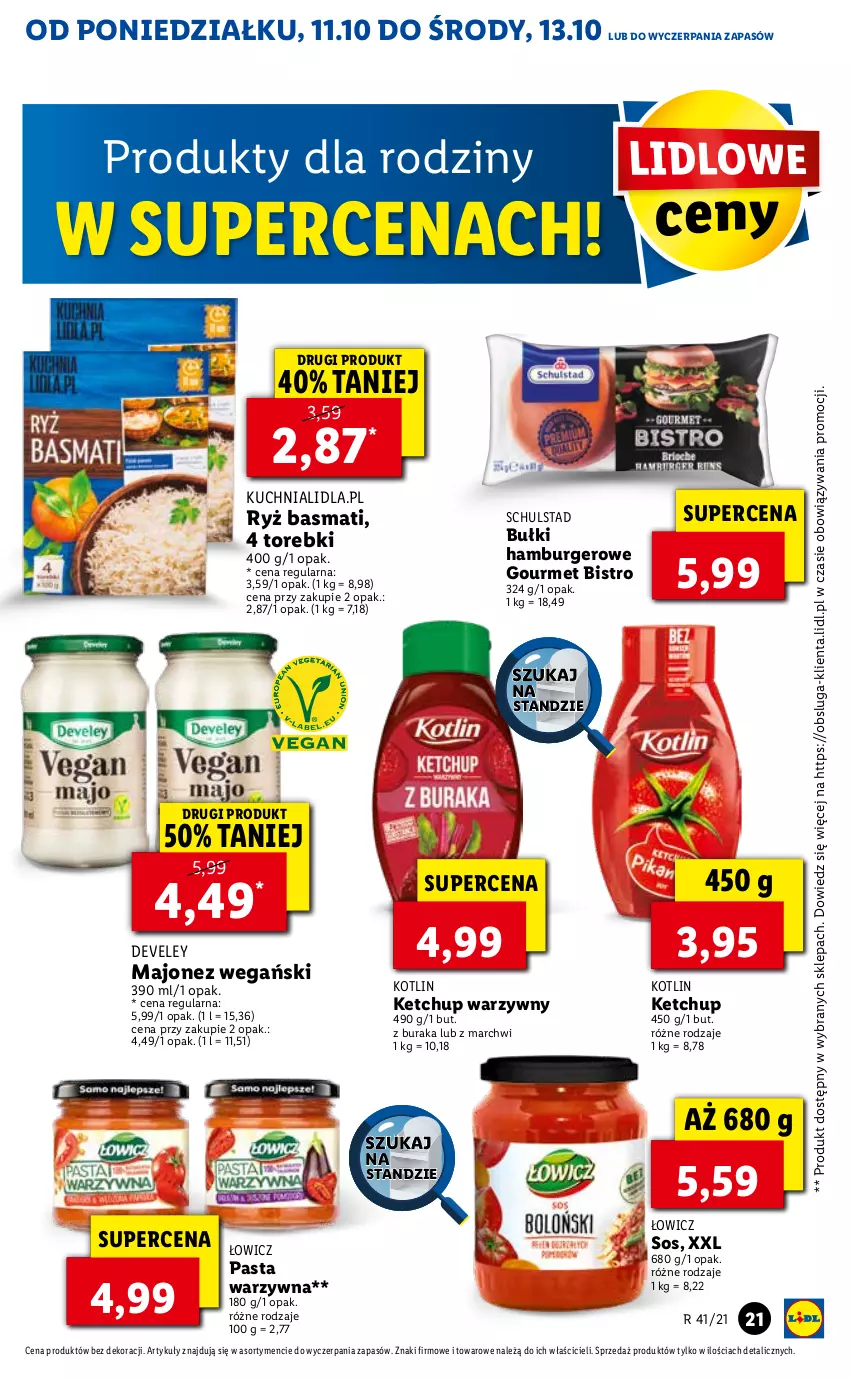 Gazetka promocyjna Lidl - GAZETKA - ważna 11.10 do 13.10.2021 - strona 21 - produkty: Burger, Hamburger, Ketchup, Kotlin, Kuchnia, Majonez, Pasta warzywna, Ryż, Ryż basmati, Sos