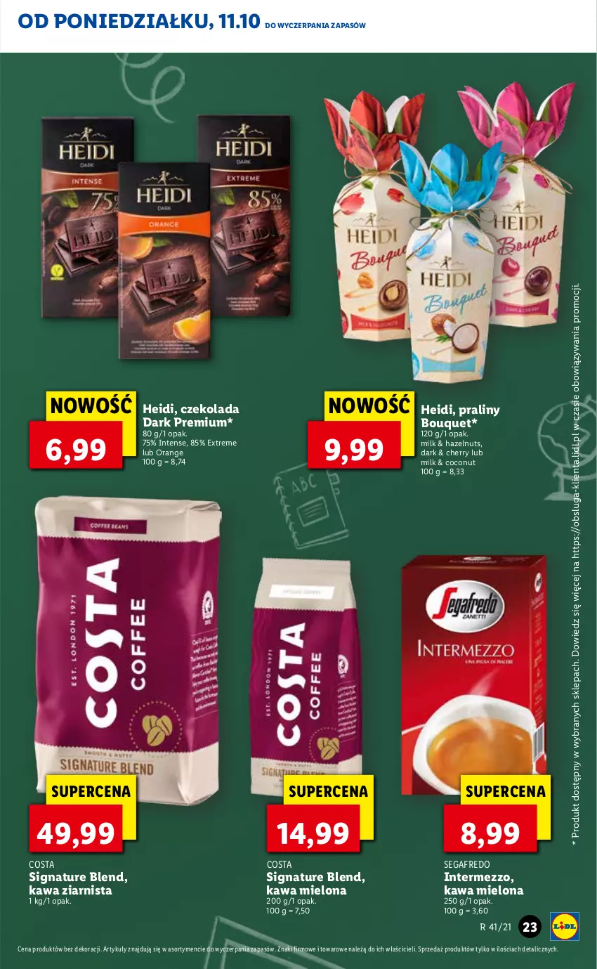 Gazetka promocyjna Lidl - GAZETKA - ważna 11.10 do 13.10.2021 - strona 23 - produkty: Czekolada, Kawa, Kawa mielona, Kawa ziarnista, Praliny, Segafredo