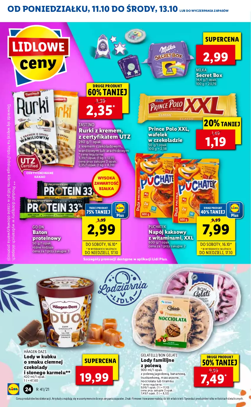 Gazetka promocyjna Lidl - GAZETKA - ważna 11.10 do 13.10.2021 - strona 24 - produkty: Baton, Fa, Kakao, Lody, Mascarpone, Milka, Napój, Prince Polo, Rurki, Sok, Wafelek