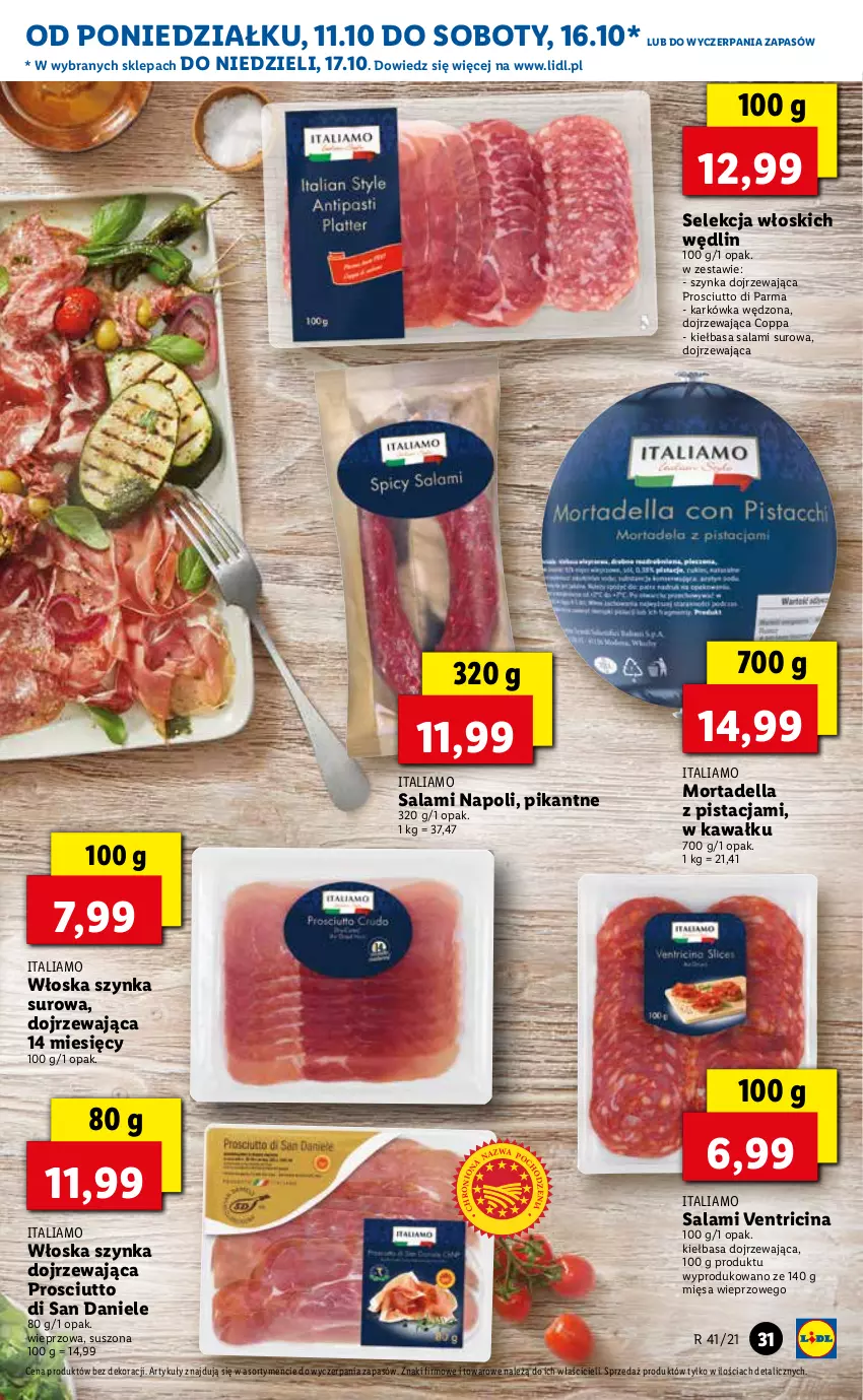 Gazetka promocyjna Lidl - GAZETKA - ważna 11.10 do 13.10.2021 - strona 31 - produkty: Dell, Kawa, Kiełbasa, Mortadella, Prosciutto, Salami, Szynka