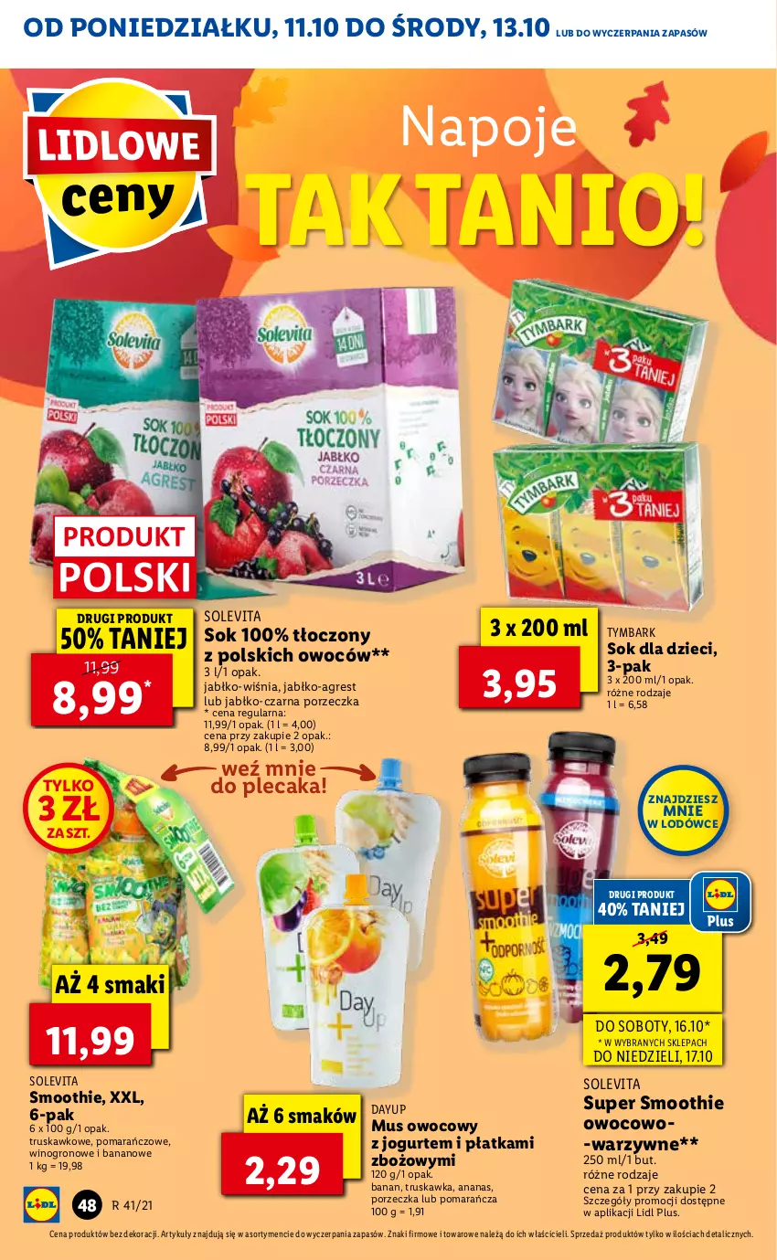 Gazetka promocyjna Lidl - GAZETKA - ważna 11.10 do 13.10.2021 - strona 48 - produkty: Ananas, Dzieci, Gres, Jogurt, Mus, Napoje, Plecak, Por, Smoothie, Sok, Tymbark, Wino