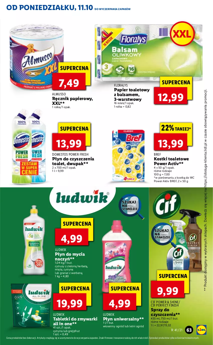 Gazetka promocyjna Lidl - GAZETKA - ważna 11.10 do 13.10.2021 - strona 63 - produkty: Bref, Cif, Do mycia naczyń, Domestos, Finish, Flora, Gra, Granat, Grejpfrut, Ludwik, Mięta, Mus, Ogród, Papier, Papier toaletowy, Płyn do mycia, Płyn do mycia naczyń, Por, Ręcznik, Spray do czyszczenia, Tablet, Tabletki do zmywarki, Zmywarki