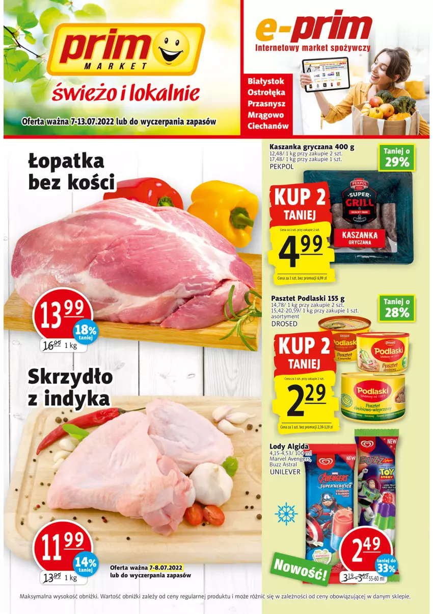 Gazetka promocyjna Prim Market - ważna 07.07 do 13.07.2022 - strona 1 - produkty: Algida, Avengers, Gry, Kasza, Kaszanka, LG, Lody, Pasztet, Pekpol, Podlaski, Sok