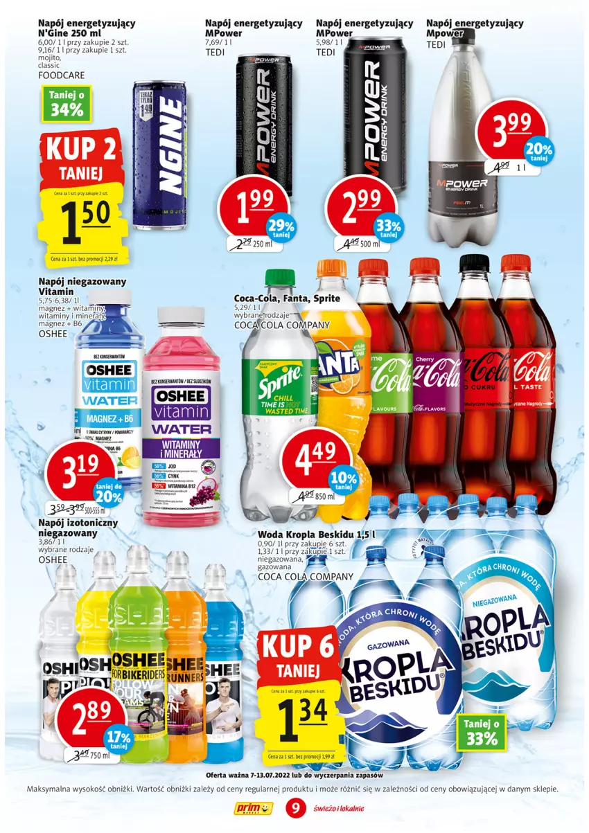 Gazetka promocyjna Prim Market - ważna 07.07 do 13.07.2022 - strona 9 - produkty: Coca-Cola, Fa, Fanta, Gin, Magnez, Napój, Napój niegazowany, Oshee, Ser, Sok, Woda