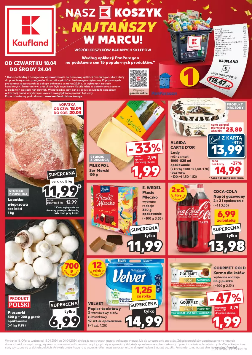 Gazetka promocyjna Kaufland - Gazetka tygodnia - ważna 18.04 do 24.04.2024 - strona 1 - produkty: Algida, Coca-Cola, Dres, E. Wedel, Gourmet Gold, Gra, Kosz, LG, Lody, Mleczko, Napój, Napój gazowany, Papier, Papier toaletowy, Piec, Por, Ptasie mleczko, Rum, Ser, Velvet