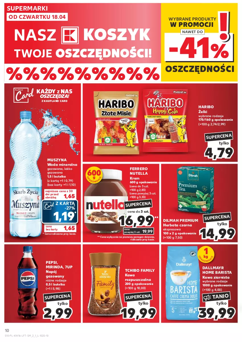 Gazetka promocyjna Kaufland - Gazetka tygodnia - ważna 18.04 do 24.04.2024 - strona 10 - produkty: 7up, Dallmayr, Dilmah, Fa, Ferrero, Haribo, Herbata, Herbata czarna, Kawa, Kawa rozpuszczalna, Kawa ziarnista, Kosz, Mirinda, Mus, Napój, Napój gazowany, Nutella, Pepsi, Szyna, Tchibo, Tchibo Family, Woda, Woda mineralna