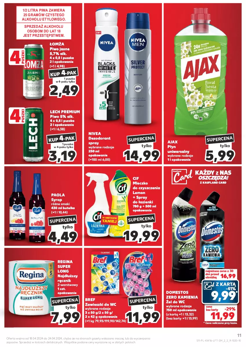 Gazetka promocyjna Kaufland - Gazetka tygodnia - ważna 18.04 do 24.04.2024 - strona 11 - produkty: Ajax, Bref, Cif, Dezodorant, Domestos, Gin, Gra, Lech Premium, Mleczko, Nivea, Paola, Piwa, Piwo, Piwo jasne, Ręcznik, Syrop, Zawieszki