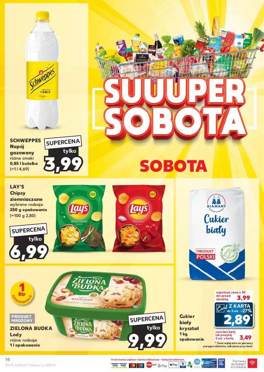 Gazetka promocyjna Kaufland - Gazetka tygodnia - ważna 18.04 do 24.04.2024 - strona 14 - produkty: Chipsy, Cukier, Lay’s, Lody, Napój, Napój gazowany, Schweppes, Zielona Budka