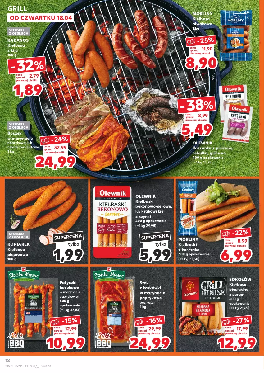 Gazetka promocyjna Kaufland - Gazetka tygodnia - ważna 18.04 do 24.04.2024 - strona 18 - produkty: Beko, Boczek, Grill, Kabanos, Kasza, Kaszanka, Kiełbasa, Kiełbasa biesiadna, Kurczak, Morliny, Olewnik, Pieprz, Ser, Sok, Sokołów, Stek