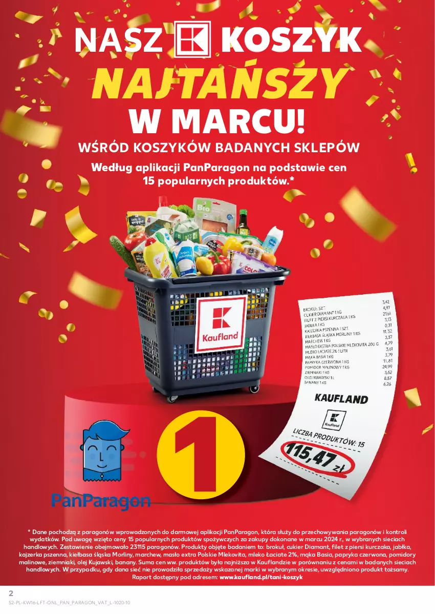 Gazetka promocyjna Kaufland - Gazetka tygodnia - ważna 18.04 do 24.04.2024 - strona 2 - produkty: Banany, Basia, Cukier, Diamant, Dres, Jabłka, Kajzerka, Kajzerka pszenna, Kiełbasa, Kiełbasa śląska, Kosz, Kujawski, Kurczak, Mąka, Masło, Mleko, Mlekovita, Morliny, Olej, Papryka, Papryka czerwona, Pomidory, Por, Ziemniaki