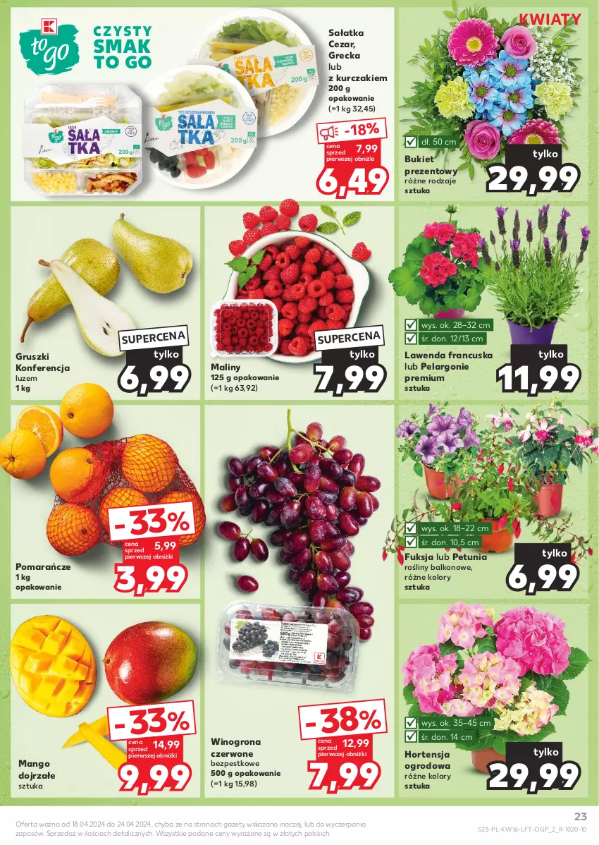 Gazetka promocyjna Kaufland - Gazetka tygodnia - ważna 18.04 do 24.04.2024 - strona 23 - produkty: Bukiet, Gruszki, Kurczak, Maliny, Mango, Pomarańcze, Sałat, Sałatka, Wino, Winogrona