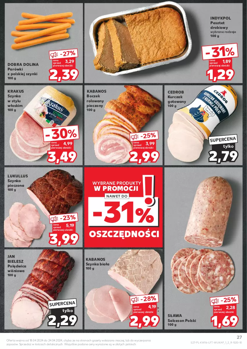 Gazetka promocyjna Kaufland - Gazetka tygodnia - ważna 18.04 do 24.04.2024 - strona 27 - produkty: Boczek, Kabanos, Krakus, Kurczak, Kurczak gotowany, Parówki, Pasztet, Piec, Polędwica, Salceson, Salceson polski, Szynka, Szynka biała