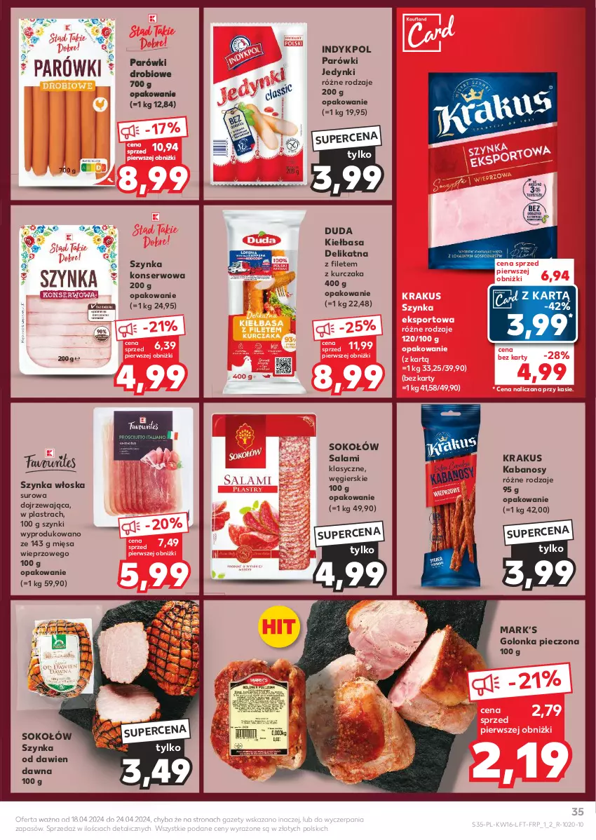 Gazetka promocyjna Kaufland - Gazetka tygodnia - ważna 18.04 do 24.04.2024 - strona 35 - produkty: Duda, Golonka pieczona, Kabanos, Kiełbasa, Krakus, Kurczak, Parówki, Piec, Por, Salami, Ser, Sok, Sokołów, Sport, Szynka, Szynka konserwowa