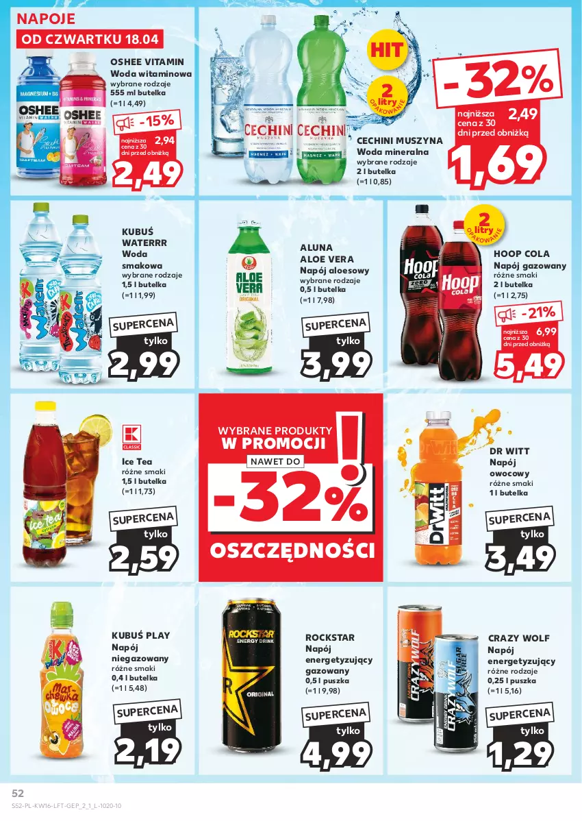 Gazetka promocyjna Kaufland - Gazetka tygodnia - ważna 18.04 do 24.04.2024 - strona 52 - produkty: Aloe vera, Hoop, Ice tea, Kubuś, Kubuś Waterrr, Mus, Napój, Napój gazowany, Napój niegazowany, Napoje, Oshee, Szyna, Woda, Woda mineralna