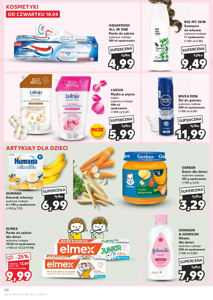 Gazetka promocyjna Kaufland - Gazetka tygodnia - ważna 18.04 do 24.04.2024 - strona 56 - produkty: Aquafresh, Danie dla dzieci, Deser, Dzieci, Elmex, Gerber, Humana, Luksja, Mydło, Mydło w płynie, Nivea, Nivea Men, Oliwka dla dzieci, Pasta do zębów, Ser, Serek, Szampon