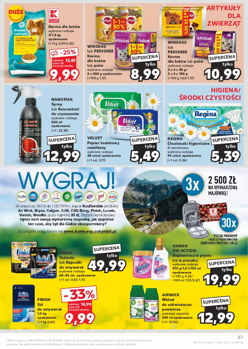 Gazetka promocyjna Kaufland - Gazetka tygodnia - ważna 18.04 do 24.04.2024 - strona 57 - produkty: Chusteczki, Finish, Gin, Nanomax, Odplamiacz, Papier, Papier toaletowy, Pedigree, Sól, Tablet, Vanish, Velvet, Whiskas