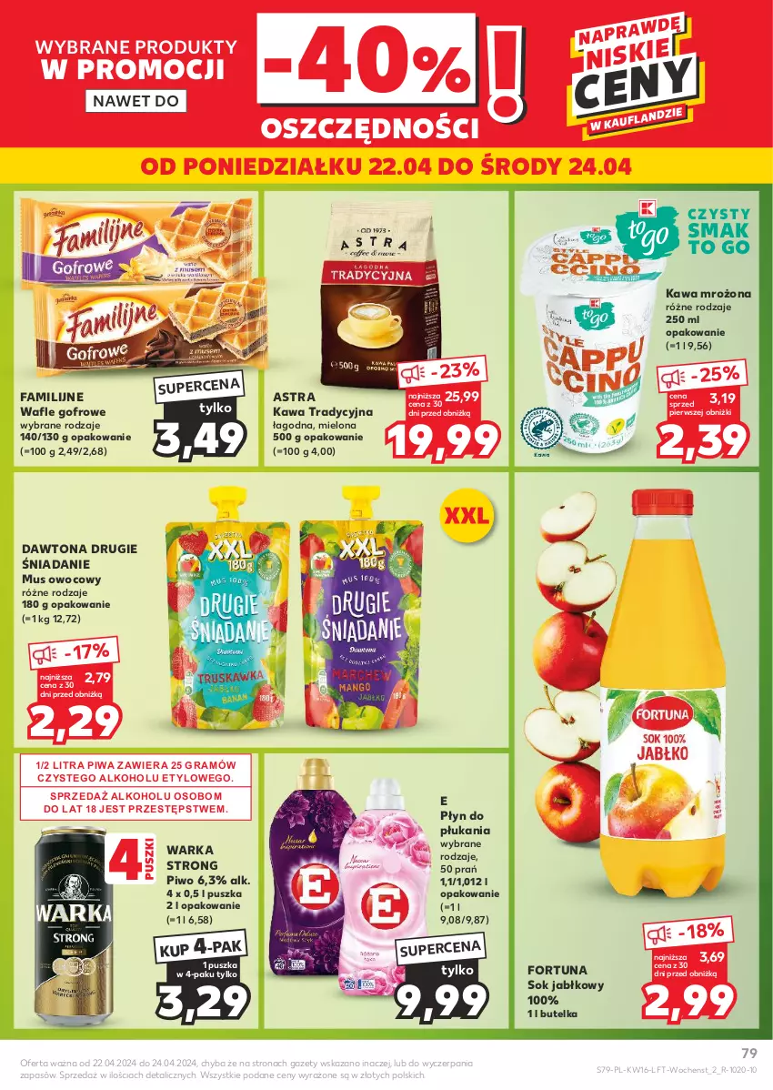 Gazetka promocyjna Kaufland - Gazetka tygodnia - ważna 18.04 do 24.04.2024 - strona 79 - produkty: Dawtona, Fa, Fortuna, Gra, Kawa, Mus, Piwa, Piwo, Płyn do płukania, Sok, Sok jabłkowy, Wafle, Warka