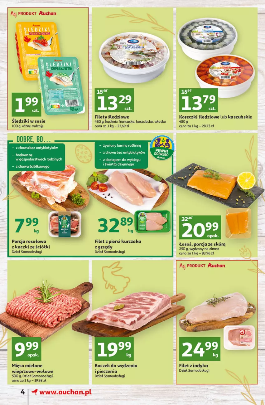 Gazetka promocyjna Auchan - przeNISKIE CENY Targi Wielkanocne Supermarkety - ważna 31.03 do 06.04.2022 - strona 4 - produkty: Boczek, Filet z piersi kurczaka, Koreczki śledziowe, Kuchnia, Kurczak, Piec, Por, Sos