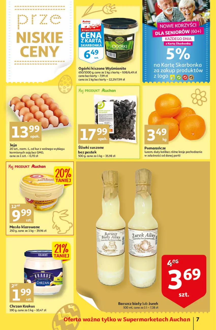 Gazetka promocyjna Auchan - przeNISKIE CENY Targi Wielkanocne Supermarkety - ważna 31.03 do 06.04.2022 - strona 7 - produkty: Chrzan, Fa, Jaja, Karmi, Krakus, Masło, Masło klarowane, Pomarańcze, Stek