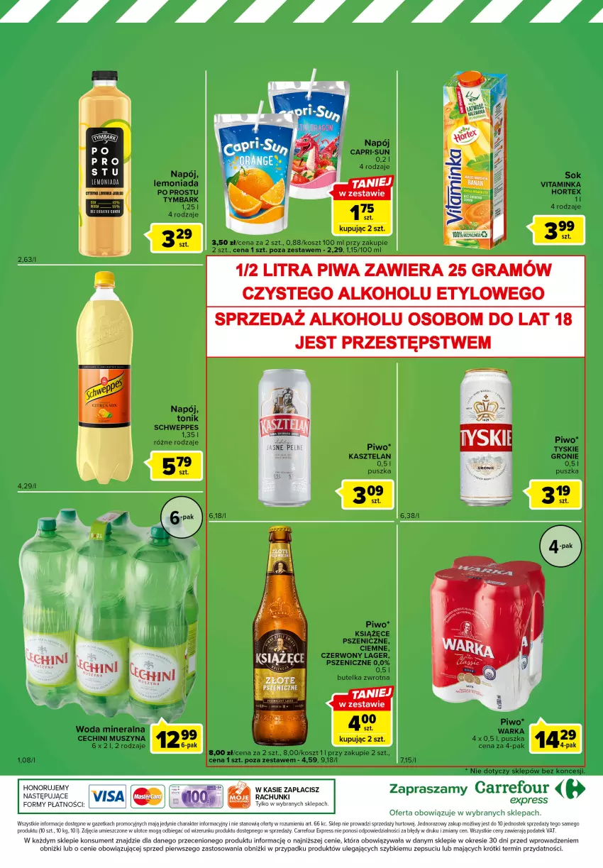 Gazetka promocyjna Carrefour - Gazetka Express - ważna 24.01 do 30.01.2023 - strona 6 - produkty: Gra, Hortex, Inka, Kasztelan, Kosz, Książęce, Lemoniada, Limonka, Mus, Napój, Piwa, Piwo, Sok, Stek, Szyna, Tymbark, Tyskie, Warka, Woda, Woda mineralna