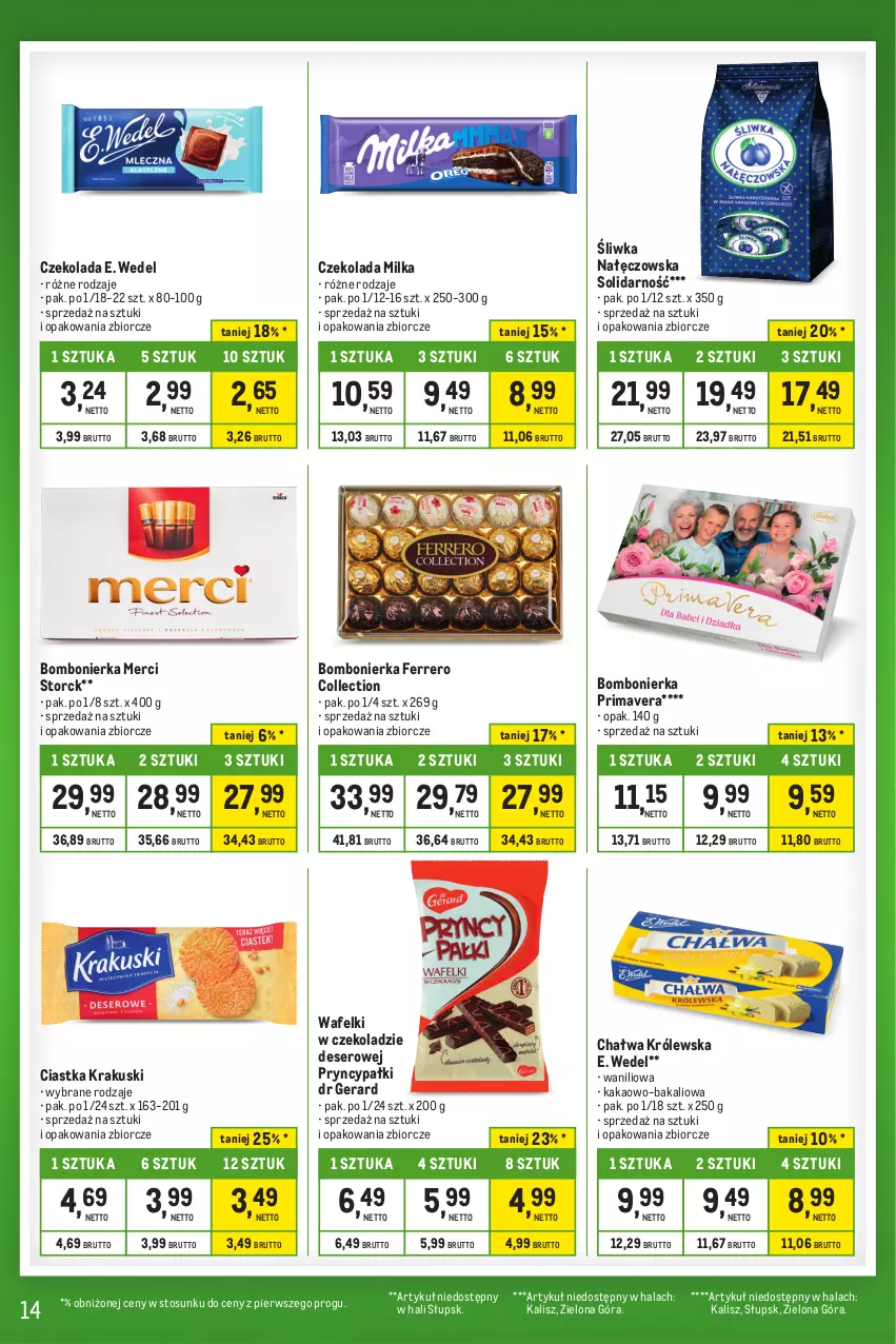 Gazetka promocyjna Makro - Kupujesz więcej płacisz mniej - ważna 27.12.2023 do 22.01.2024 - strona 14 - produkty: Chałwa, Ciastka, Czekolada, Deser, Dr Gerard, E. Wedel, Ferrero, Kakao, Krakus, Krakuski, Merci, Milka, Prima, Primavera, Ser