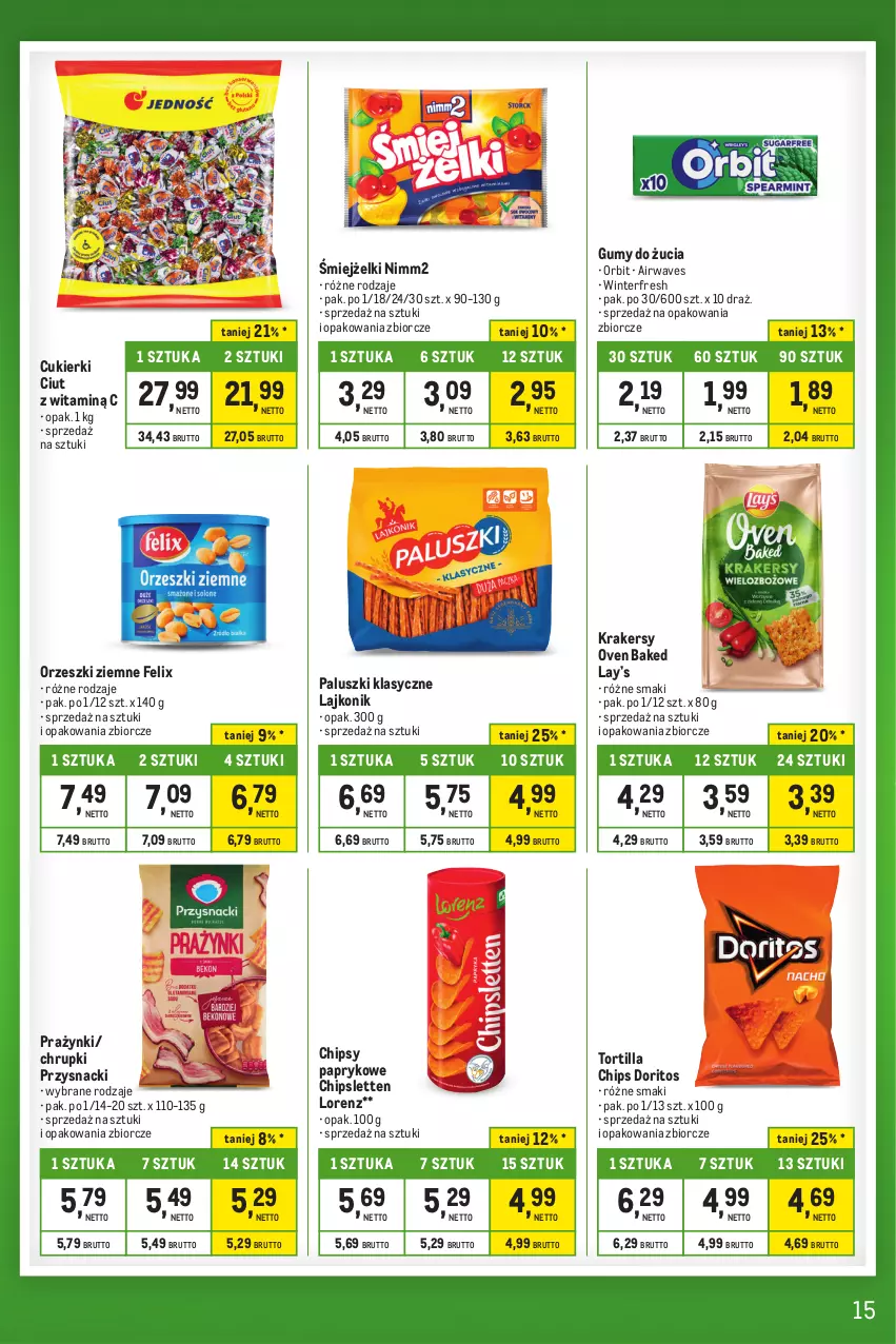 Gazetka promocyjna Makro - Kupujesz więcej płacisz mniej - ważna 27.12.2023 do 22.01.2024 - strona 15 - produkty: Chipsy, Chrupki, Cukier, Cukierki, Felix, Krakersy, Lajkonik, Lay’s, Lorenz, Nimm2, Orbit, Orzeszki, Orzeszki ziemne, Przysnacki, Tortilla, Tortilla Chips