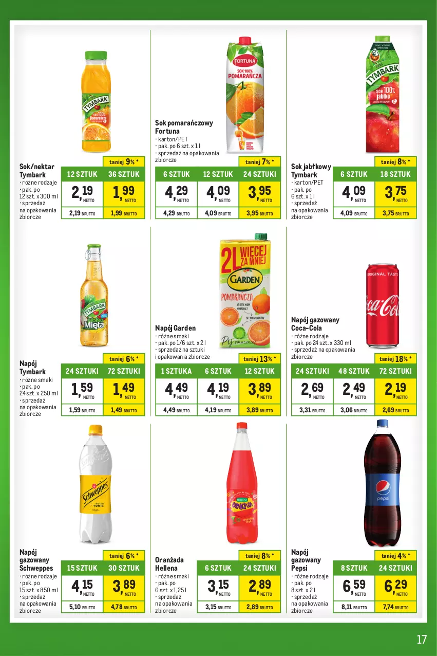 Gazetka promocyjna Makro - Kupujesz więcej płacisz mniej - ważna 27.12.2023 do 22.01.2024 - strona 17 - produkty: Coca-Cola, Fortuna, Hellena, Napój, Napój gazowany, Nektar, Oranżada, Pepsi, Schweppes, Sok, Sok jabłkowy, Sok pomarańczowy, Tymbark